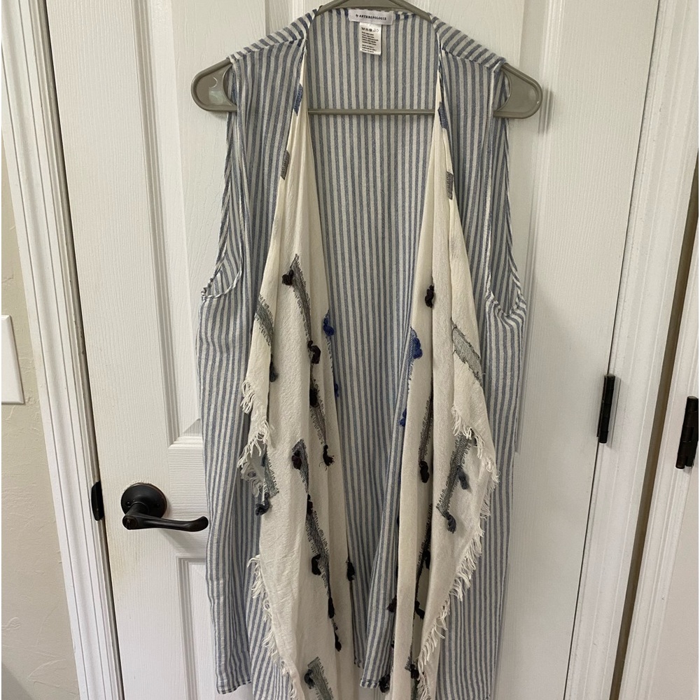 Anthropologie Lightweight Cotton Tassel Blue White Stripe Drape Vest